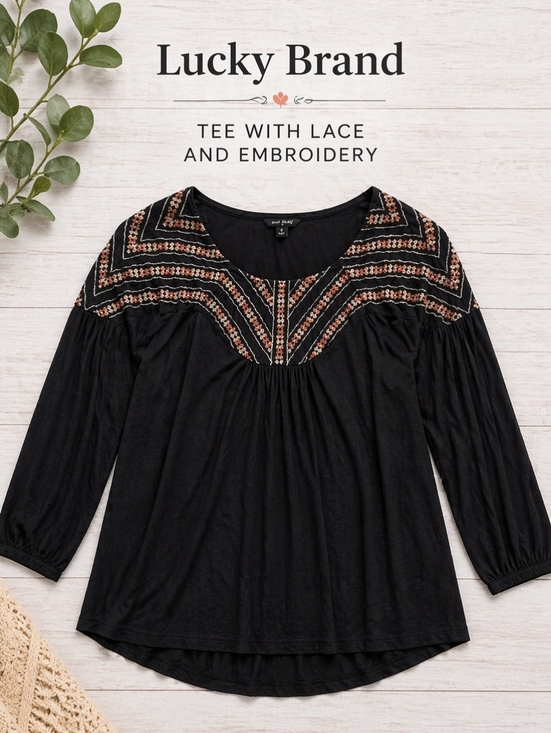 Lucky Brand Tops - LUCKY BRAND TEE WITH LACE AND EMBROIDERY